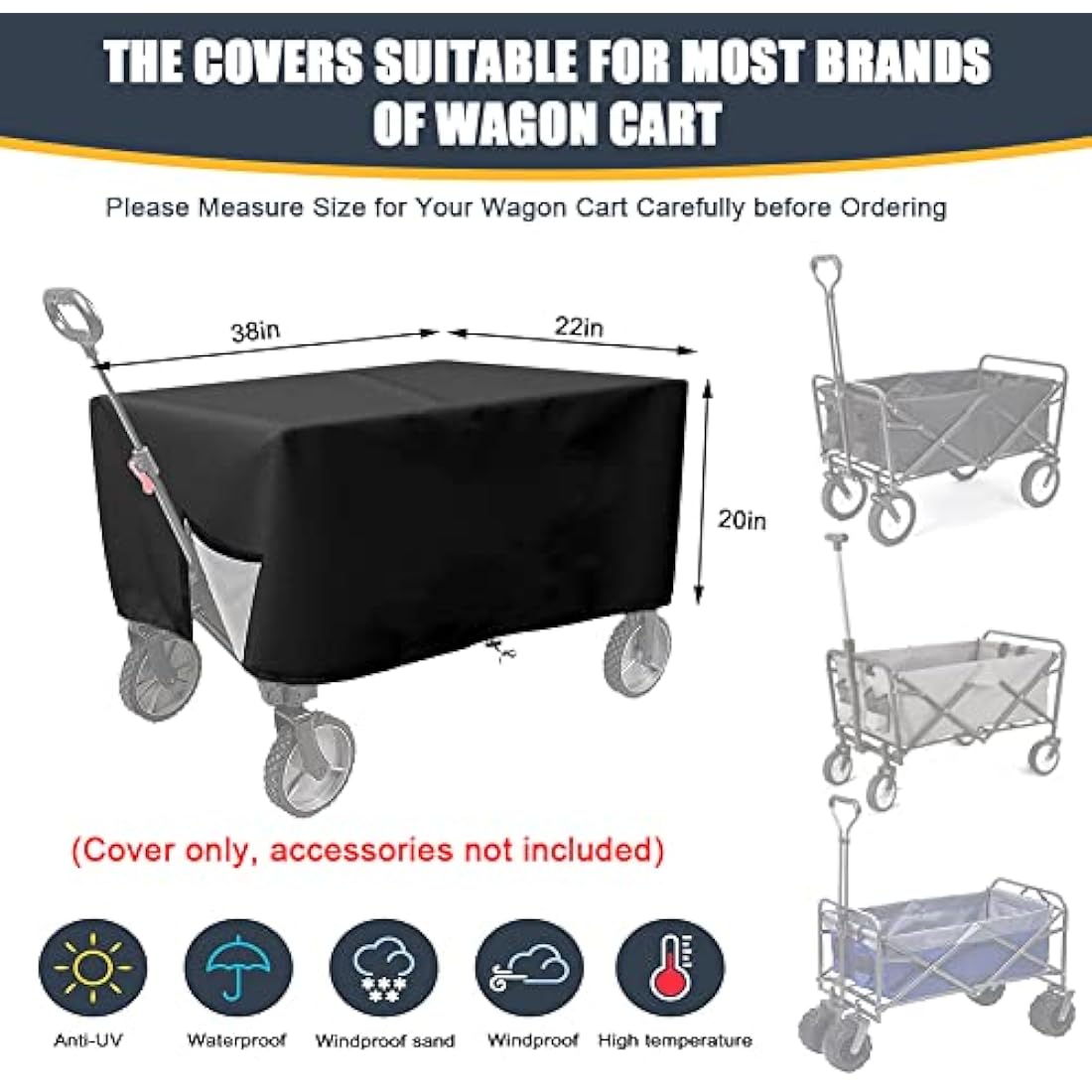 Folding Wagon Cover, Garden Wagon Cover, 600D Heavy-Duty Fabric Waterproof Dustproof UV Resistant, 38"D x 22"W x 20"H (Black)