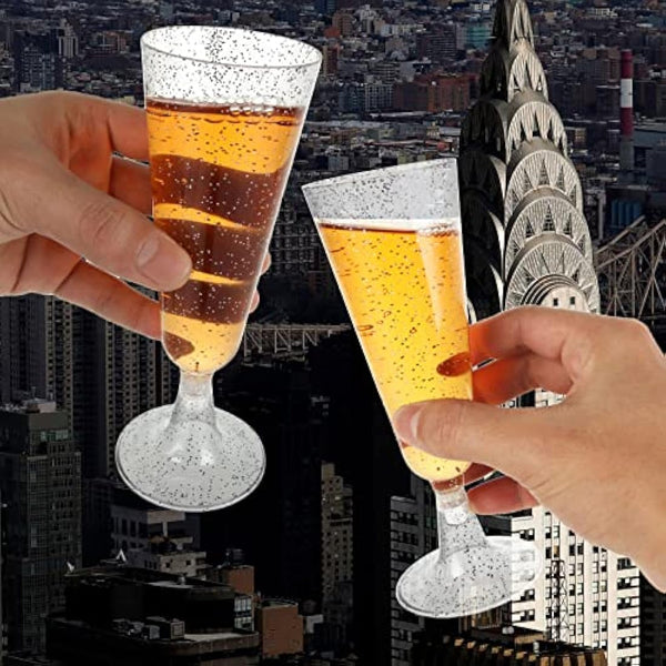 JMIATRY 100 Pcs Plastic Champagne Flutes, 160ml/5.6oz Multi-Use Champagne Flutes Reusable, Plastic Flutes Great for Wedding, Christmas, Birthday Party and Daily Use, Silver Glitter