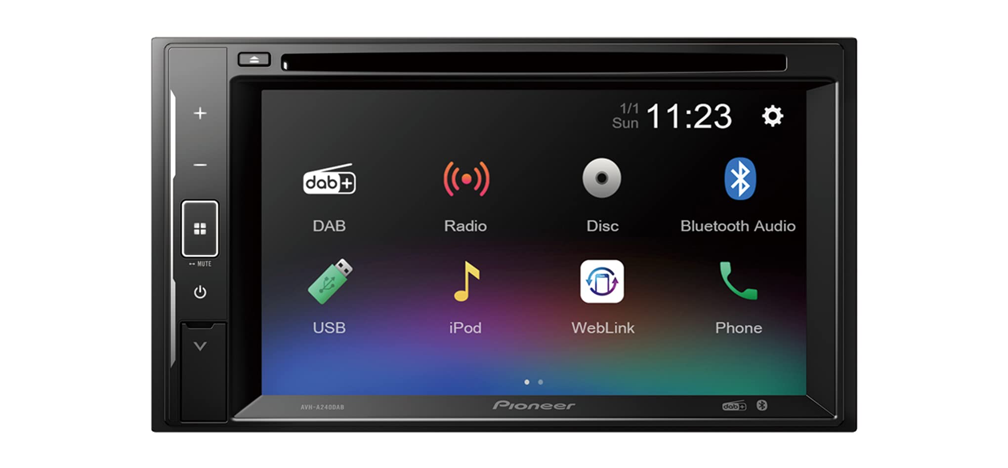 Pioneer AVH-A240DAB 6.2” touchscreen CD/DVD tuner with Smartphone Mirroring. Bluetooth, DAB/ DAB+ Digital Radio, 13-band GEQ, advanced audio features and premium audio quality.