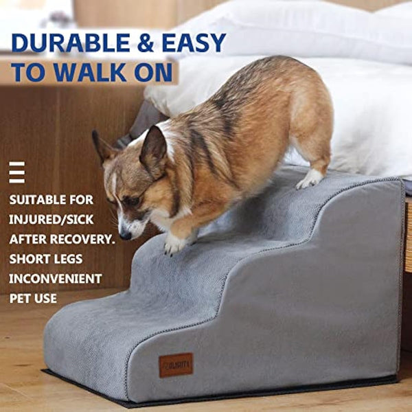 3 Tiers Foam Dog Stairs for High Bed, Easy to Carry with Handle Design, High Density Foam Dog Ramp for Small Dogs, Pet Steps for Older Dogs/Cats with Joint Pain, Ramp Stairs for Couch