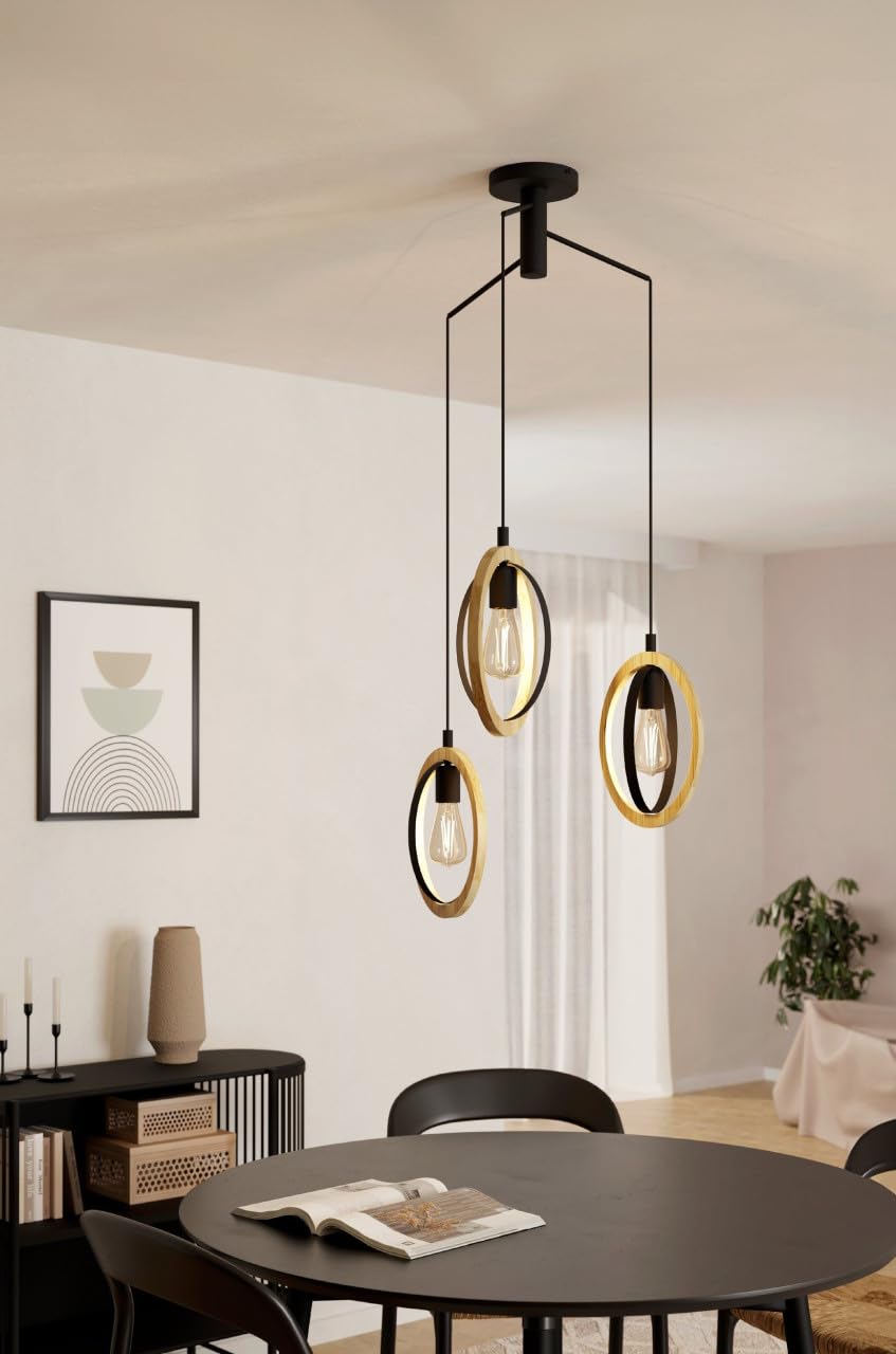 Eglo Pendant lamp Basildon, 3-Light Hanging lamp Vintage, Industrial, Retro, Made of Steel and Wood in Black, Natural, Dining Table lamp, Hanging