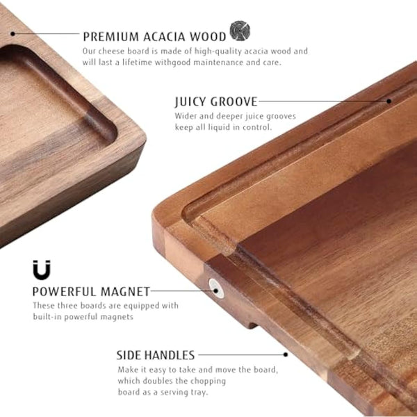 hecef Charcuterie Board Set, Extra Large Acacia Wood – 3-in-1 Magnetic Serving Platter for Cheese, Parties, Weddings, Housewarming & Birthdays