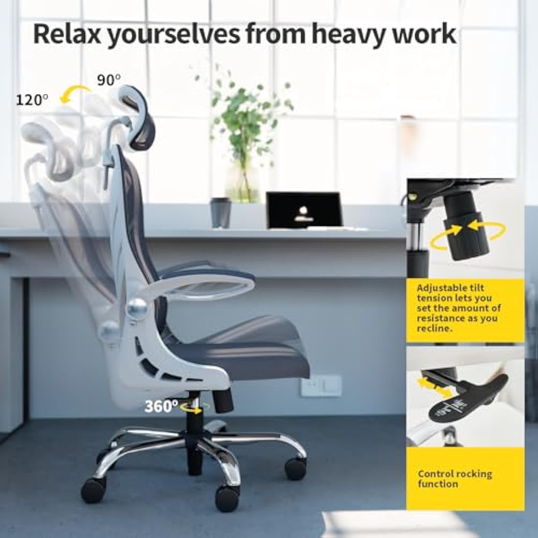 HOLLUDLE Ergonomic Office Chair with Foldable Backrest, Computer Desk Chair with Flip-up Armrests, Mesh Lumbar Support and 2D Headrest Big and Tall Office Chair, White (Folder2-GR)