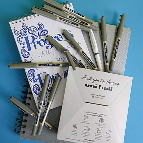 uni-ball UB-157 Eye Rollerball Pens. Premium Fine 0.7mm Ballpoint Tip for Super Smooth Writing, Drawing and Colouring. Fade and Water Resistant Liquid Uni Super Ink. 12 Blue + 1 Exclusive Gel Pen