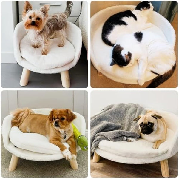 BingoPaw Cat Sofa Chair Bed: Elevated Nordic Pet Stool Bed with Removable Waterproof Mat - Raised Plush Fur Dog Kitten Couch with Wooden Legs Frame (Dia 60cm)