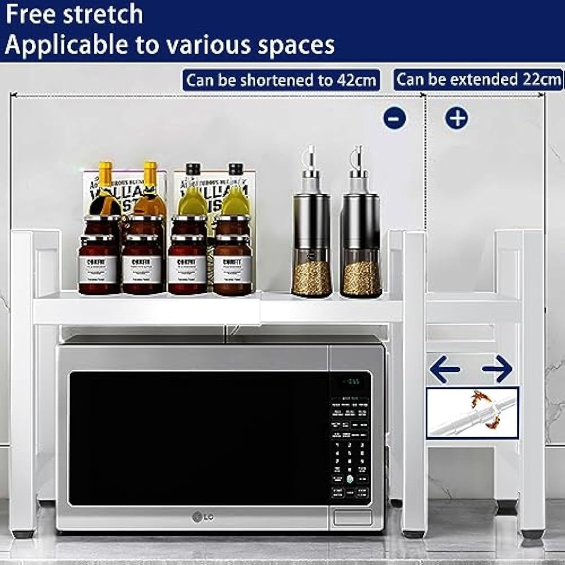 Expandable Microwave Oven Rack 2 Tier microwave shelf, Adjustable Carbon Steel Microwave Shelf,with 6 hooks Kitchen Counter Organizer Shelf Stand,Pot Pan Grill Storage Racks, Width 40-64cm white