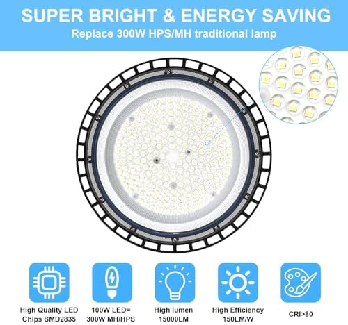 ZXICH 100W UFO LED High Bay Light,10000LM Industrial UFO Lamp, 6000K-6500K Daylight White LED Warehouse Lighting, IP65 Waterproof Commercial Bay Lighting Shop Area Workshop Garage (4 Pack, 100W)