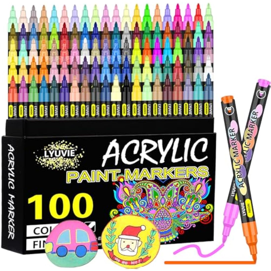 Lyuvie Acrylic Paint Pens,100 Colours Acrylic Pens for Rock Painting Fabric Glass Pebbles Stone Metal Wood Ceramic,Water-Based Permanent Paint Pens Markers with 0.7mm Extra Fine Tip