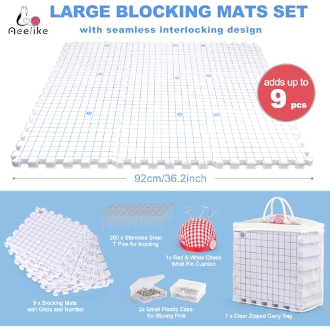 Aeelike Blocking Mats for Knitting, Crochet & Craft - 9 Pack Interlocking Foam Crochet Blocking Mats with Grid, 200 T-Pins, Pin Cushion & Storage Bag - Large Knitting Blocking Board and Pins Set