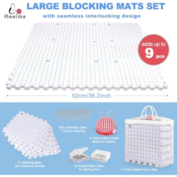 Aeelike Blocking Mats for Knitting, Crochet & Craft - 9 Pack Interlocking Foam Crochet Blocking Mats with Grid, 200 T-Pins, Pin Cushion & Storage Bag - Large Knitting Blocking Board and Pins Set