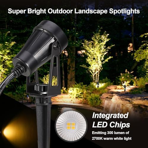 IRISECO 4-1 Garden Spot Lights, 15M Outdoor Spotlight with Adapter, 12V Low Volt LED Garden Lighting, IP65 Waterproof, Outdoor Spot Lights Mains Powered for Yard (3000K)