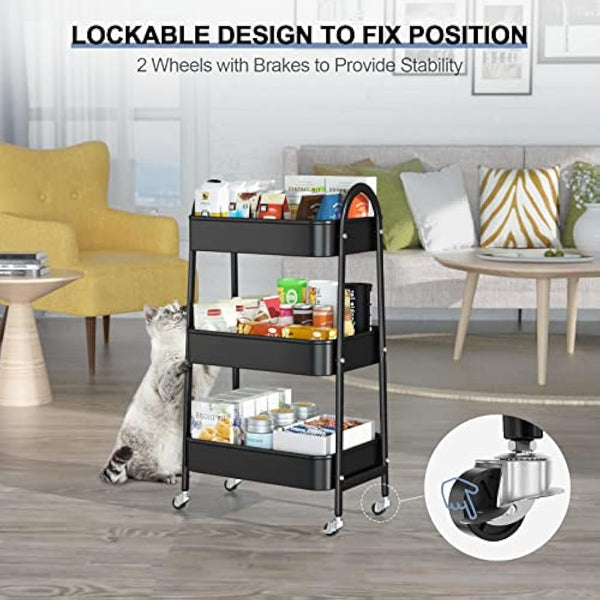 EAGMAK 3 Tier Metal Storage Trolley, Utility Rolling Cart with Handle and Lockable Wheels, Multifunctional Storage Organizer Trolley with Mesh Baskets for Kitchen, Living Room, Office, Garage (Black)