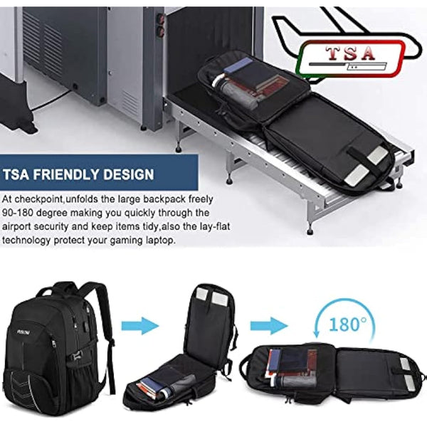 Extra Large Backpack 55L,18.4 Inch Travel Laptop Work Bag with USB Charging Port Big Business Flight Approved TSA Heavy Duty Computer Rucksack for Men Women College School,Black