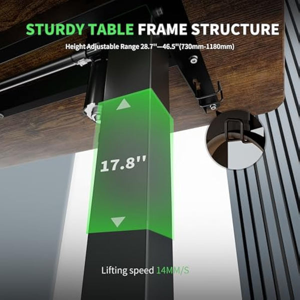 ERGOMAKER Electric Standing Desk 140x60cm (55.1"x23.6"), Height Adjustable Standing Desk with Splice Board, Stand Up Desk with Hook and Memory Smart Handset(Black Frame + Rustic Brown Desktop)