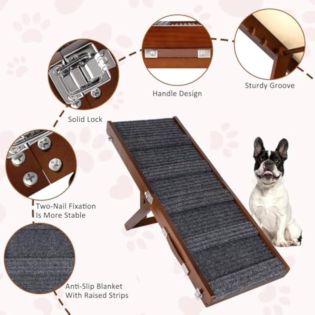 Umtiti Brown Wooden Framed Folding Portable Pet Ramp. 4 Levels Adjustable 9" to 17.3" with Non-Slip 5 Paw Traction Mat for Small Medium Doggie. Dog Ramps-80penBN,UK