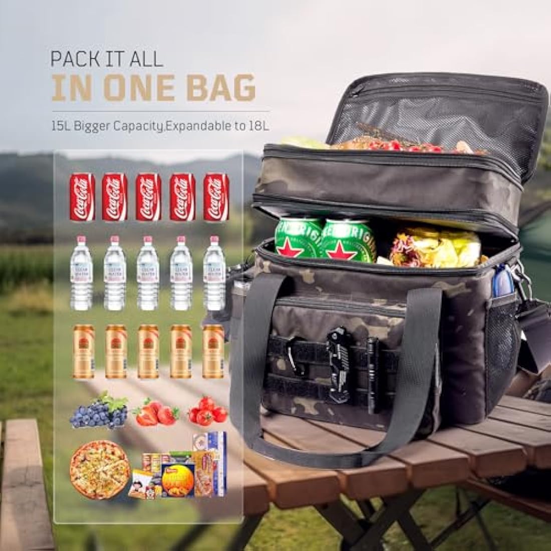 1TG Tactical Insulated Lunch Bag, Expandable Lunch Box for Men, Leakproof Large Cool Bag with Shoulder Stap, Reusable Lunch Tote Bag for Work Travel Camping Picnic Beach, 18L-24L