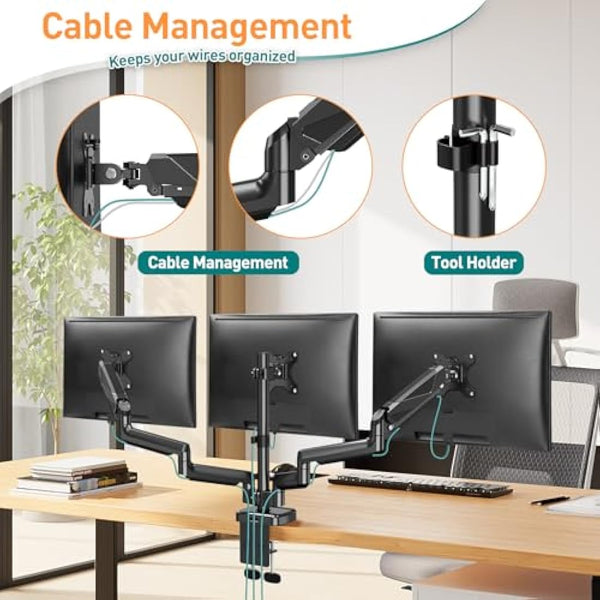 ELIVED Triple Monitor Arms - Adjustable Gas Powered Desk Mount for 3 Monitors - 13-27 Inch, VESA 75x75/100x100, C-Clamp and Grommet Base