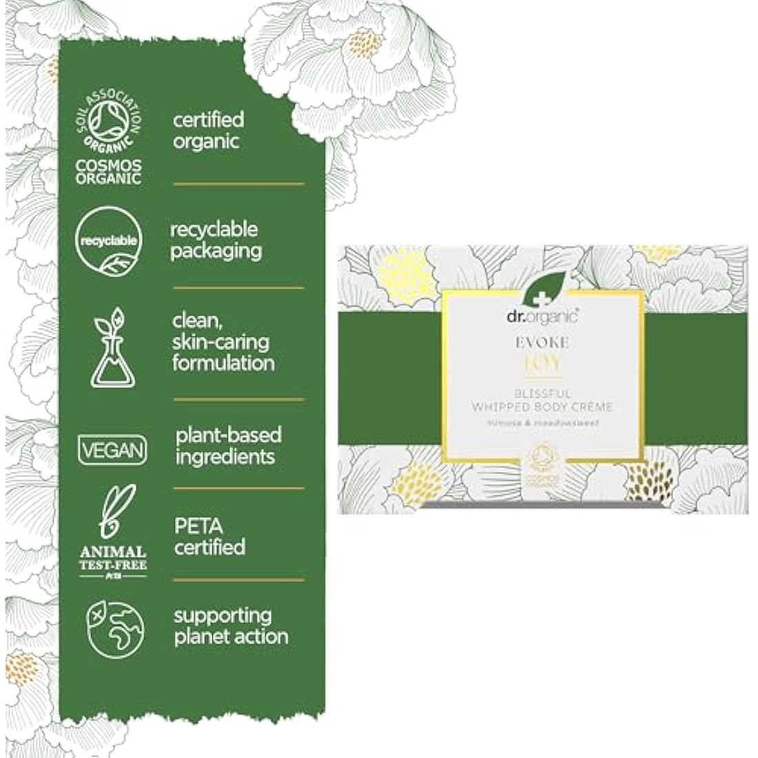 Dr Organic Evoke Joy Blissful Whipped Body Crème, Hydrating Body Cream, 24-Hour Moisturisation, with Mimosa & Meadowsweet, Certified Organic, 200ml