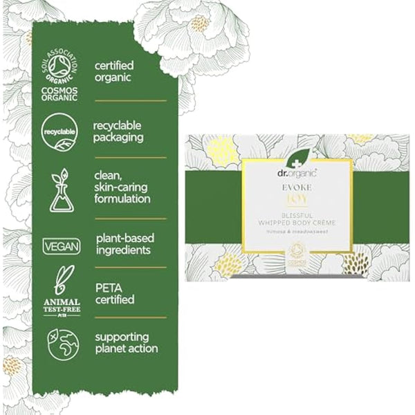 Dr Organic Evoke Joy Blissful Whipped Body Crème, Hydrating Body Cream, 24-Hour Moisturisation, with Mimosa & Meadowsweet, Certified Organic, 200ml