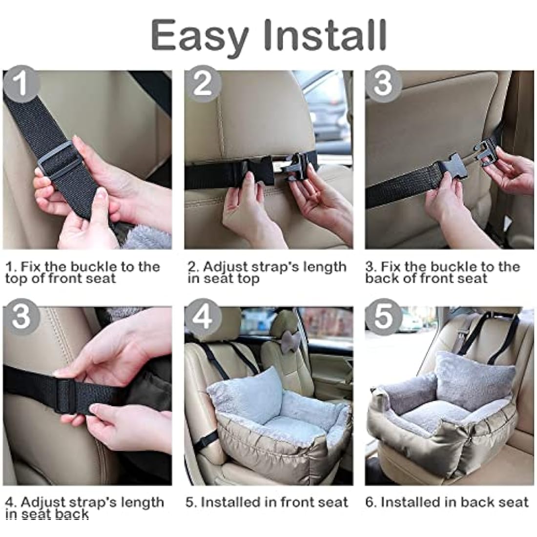 Pet Booster Seat Travel Car Bed for Small Dogs or Cats, Waterproof Warm Plush Dog Safety Seat with Storage Pocket and Clip-On Safety Leash, Silver Gray