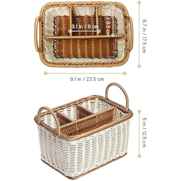 HEMOTON Rattan Cutlery Holder, Woven Cutlery Basket for Table, Table Holder for Cutlery and Utensils with Handles and 4 Division Compartments, for Kitchen, Dining Room, Garden or Picnic