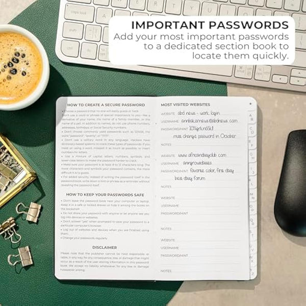 Clever Fox Password Book 2nd Edition – Hardcover Password Keeper with Laminated Alphabetical Tabs – Internet Address Notebook & Login Details Organizer Journal – 10.4x19.3cm (Black)