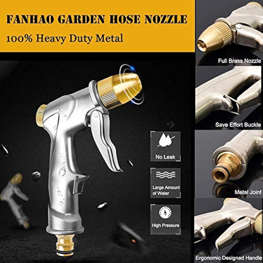 FANHAO Garden Hose Spray Gun with Full Brass Nozzle, 100% Heavy Duty Metal Water Gun, High Pressure Adjustable Spray Nozzle for Plants Watering, Cleaning, Car Washing and Pets Showering