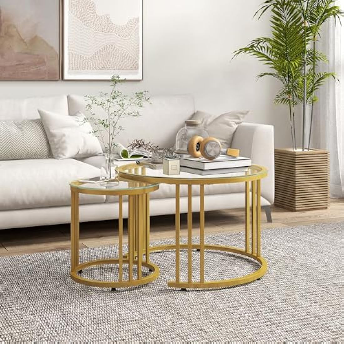 HOMCOM Nest of Tables, Round Coffee Tables Set of 2 with Tempered Glass Top and Steel Frame for Living Room, Gold Tone
