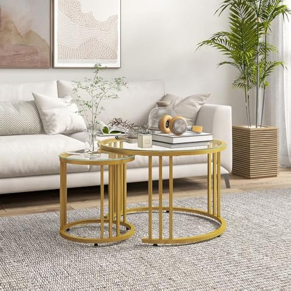 HOMCOM Nest of Tables, Round Coffee Tables Set of 2 with Tempered Glass Top and Steel Frame for Living Room, Gold Tone