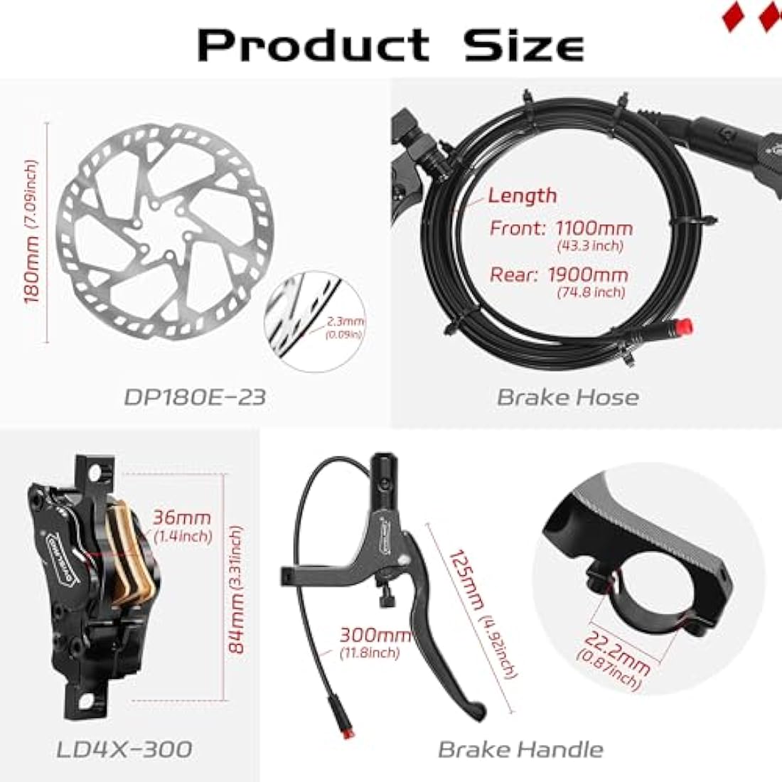 DYISLAND E-Bike Hydraulic Disc Brake Set 4-Pistons/2-Pistons, 2-PIN/3-PIN Pre-Bled with Mineral Oil Brakes Kit，Front and Rear Set，with 180mm 2.3mm Thick Rotors