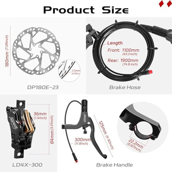 DYISLAND E-Bike Hydraulic Disc Brake Set 4-Pistons/2-Pistons, 2-PIN/3-PIN Pre-Bled with Mineral Oil Brakes Kit，Front and Rear Set，with 180mm 2.3mm Thick Rotors