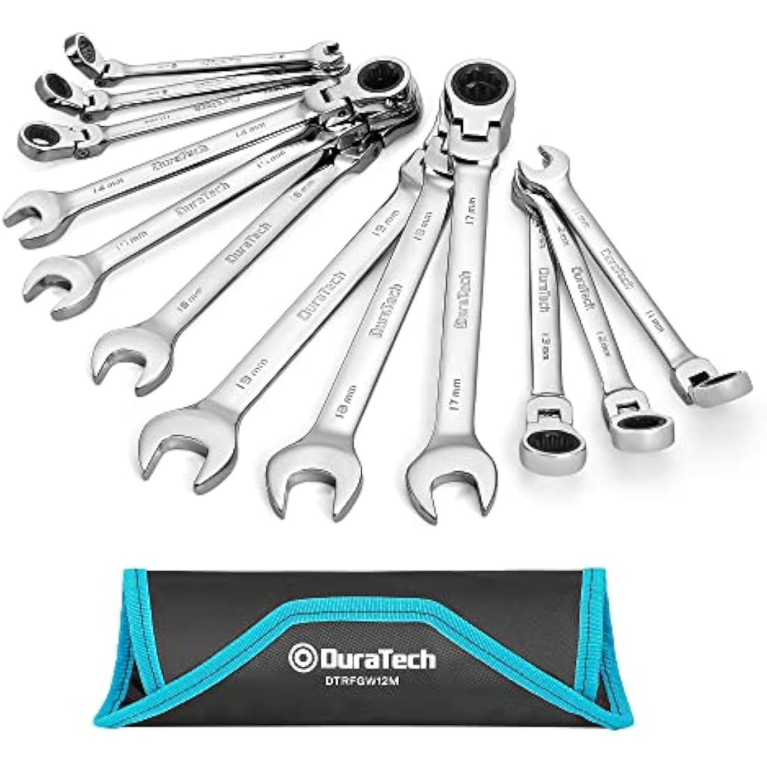DURATECH Flex-Head Ratchet Spanner Set, 12-Piece Combination Wrench Set with 72 Tooth Ratchet Gear, Chrome Vanadium Steel, Metric, 8-19mm
