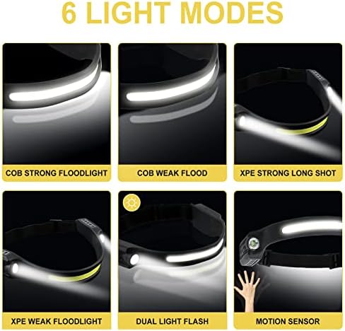 Head Torch Headlamp 2 Packs 6 Modes Motion Sensor Headlight 260 Degree Widen View Rechargeable LED Headtorch IPX4 Waterproof Hands-Free Flashlight gift for Adults Kids Camping,Running,Fishing,Cycling