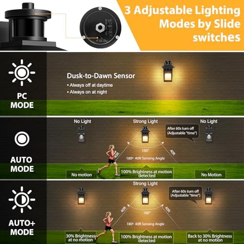 APOTO Motion Sensor Outdoor Lights, Dusk to Dawn Exterior Wall Light 3 Modes, Porch Light Fixture for House, Waterproof Aluminum Anti-Rust Lantern for Garage Entryway, Motion Activated, E27 Bulb Base