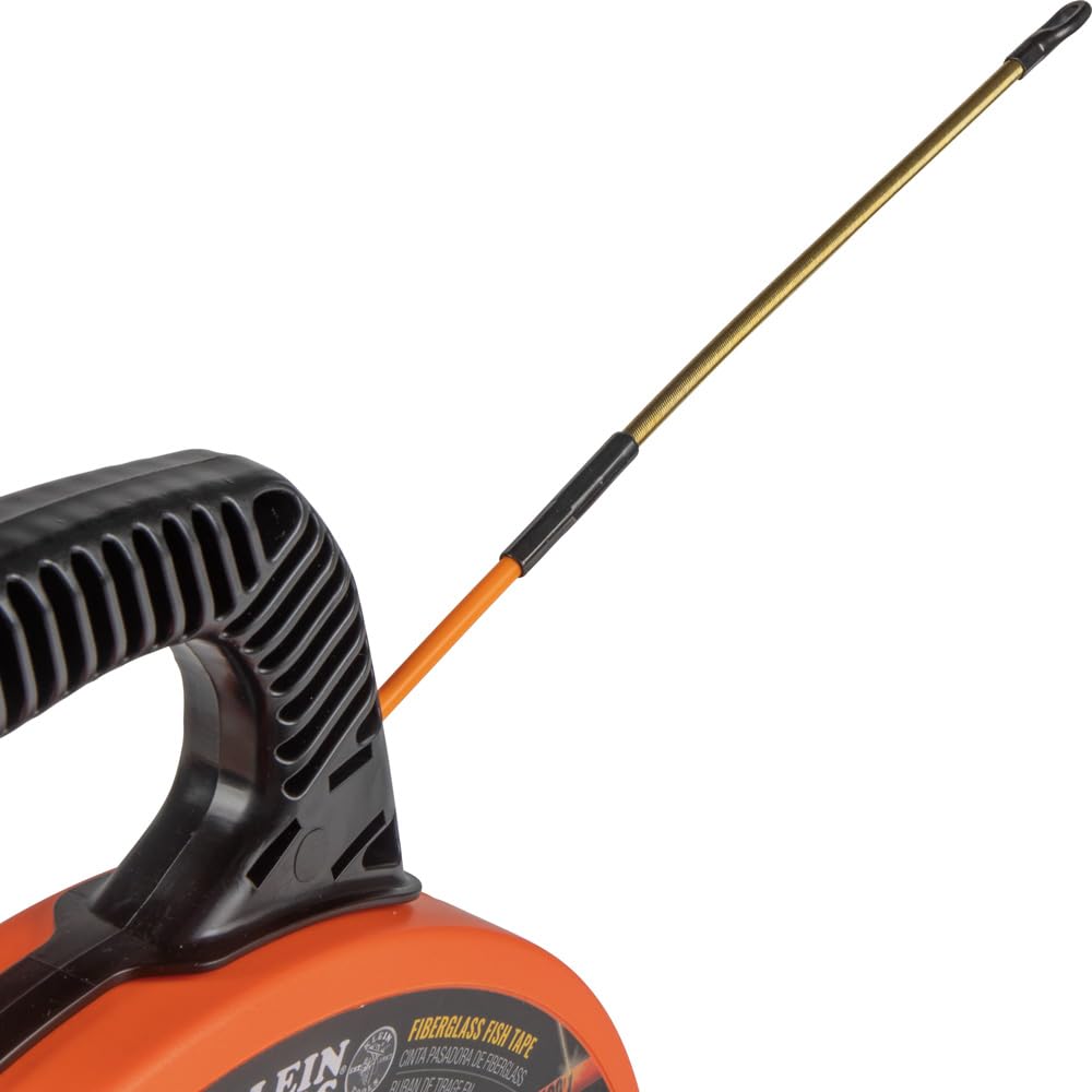KLEIN TOOLS 56382 Fish Tape, Multi-Groove Fiberglass Wire Puller with Nylon Tip, Optimized Housing and Handle,Orange/Black, 15 m