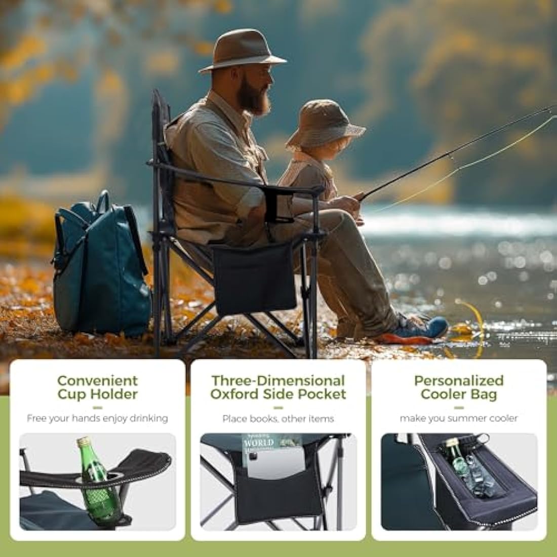 ALPHA CAMP Camping Chairs for Adults Heavy Duty Camping Chair Up to 200 kg Folding Camp Chair with Cup Holder and Cooler Bag for Outdoor Picnic Fishing, Lightweight and Portable, Green
