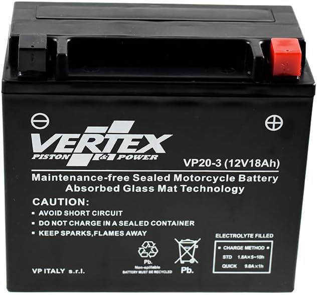 Vertex VP20-3 Sealed AGM Motorcycle Battery, 12V, 18Ah, CCA (-18) 270, Compatiable with: CTX20L-BS/CTX20HL-BS, Perfect battery for Motorcycle, ATV's, Personal Watercraft and Snowmobiles