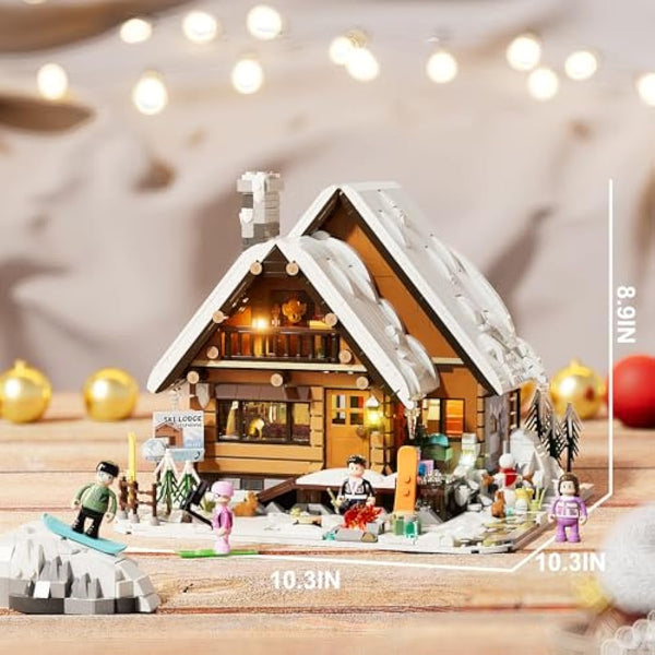 FUNWHOLE Ski Lodge Building Set with LED Lights – 2187 Bricks Retro Chalet Model | Winter Landscape to Build | Spring & Summer Decoration | Gift Idea for Teens & Adults