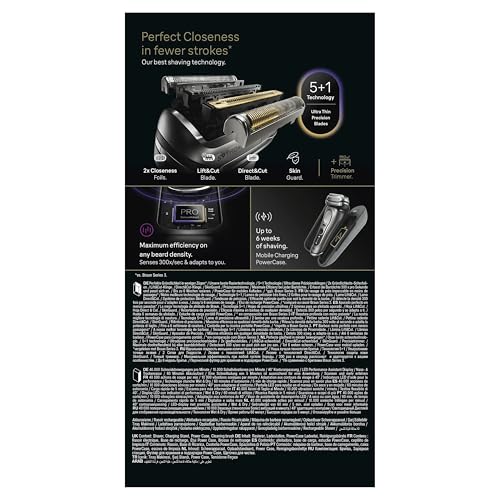 Braun Series 9 PRO+ Electric Shaver, 5+1 Ultra Thin Precision Blades, Pro SensoAdapt, Up to 60 min, Charging Stand, Wet & Dry Foil Razor for Men, 9610SI, Black