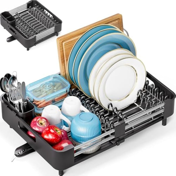 KINGRACK Extendable Dish Drainer Rack, Stainless Steel, Foldable Dish Rack with Removable Cutlery Holder and Anti-Scratch Holder, Adjustable Draining Board Rack with Drainage Spout, Black