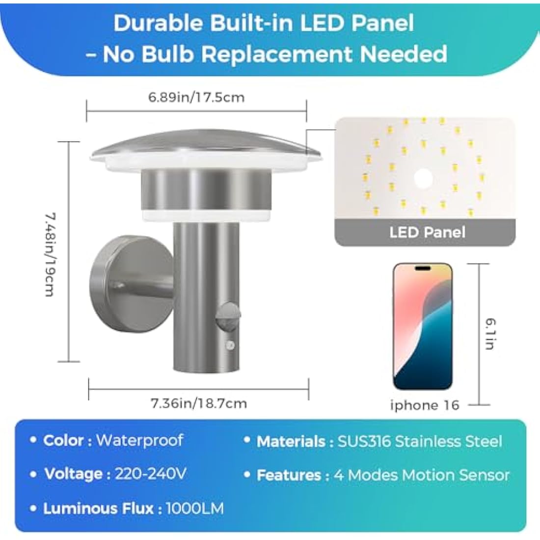 NBHANYUAN Lighting® Outdoor LED Wall Light with Motion Sensor,4 Lighting Modes Outside Lights PIR SUS316 Stainless Steel Wall Lamp IP44 Waterproof 3000K Warm White for Porch 1000LM
