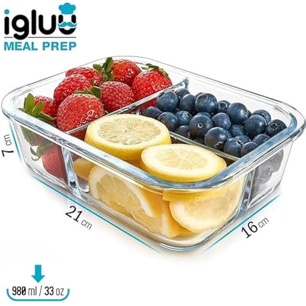 Igluu Meal Prep Glass Containers with Airtight SnapLock Lids 3 Pack 3 Compartment 980ml 33oz BPA-Free Meal Prep Containers Reusable – Borosilicate Glass, Oven Safe