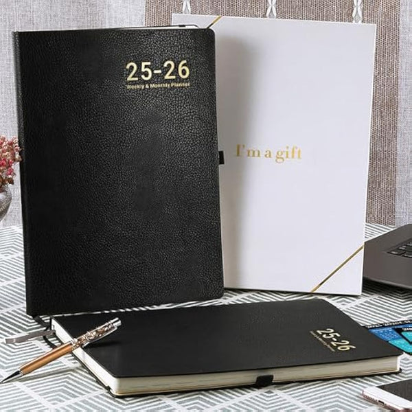 Academic Diary 2025-2026 – A4 Diary Week to View from July 2025 to June 2026 with Stickers, Leather Cover, Thick Paper, Inner Pocket, Black
