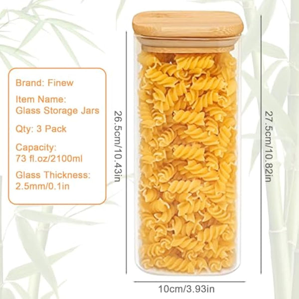 Finew 2100ml Glass Storage Jars with Lids, 3 Pack Airtight Glass Jars & Canisters, Square Spice Jars for Pasta Flour Spices Cookie Sugar Tea Coffee Beans