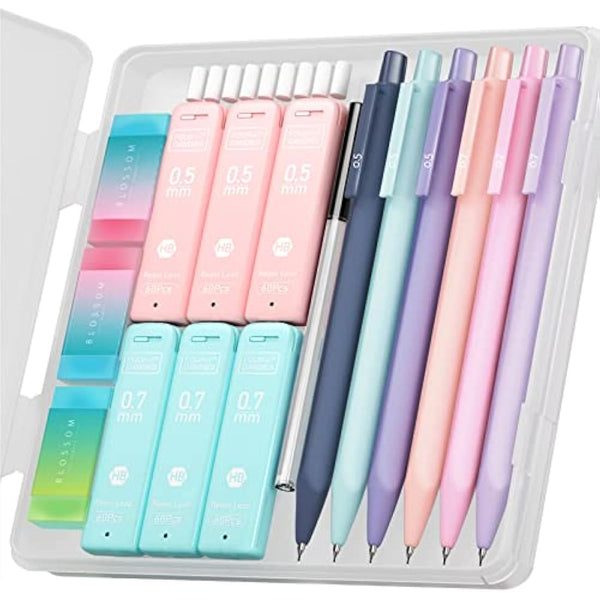 Four Candies Cute Mechanical Pencil Set, 6PCS Pastel Mechanical Pencils 0.5mm & 0.7mm with 360PCS HB Lead Refills, 12PCS Erasers, Aesthetic Stationery & School Supplies for Girls Writing