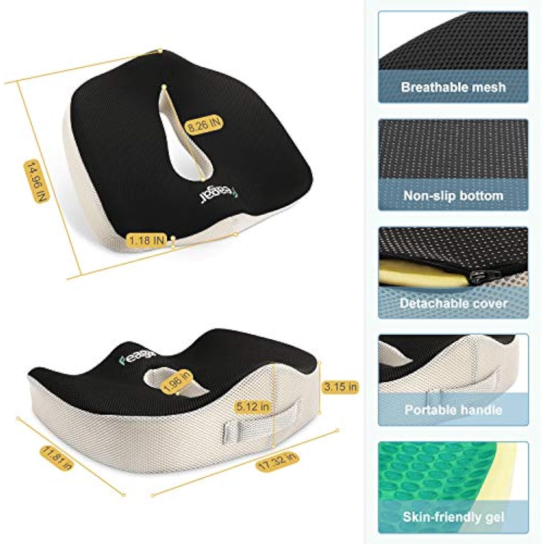 Feagar Gel Seat Cushion for Back Pain-Orthopedic Non-Slip Memory Foam Coccyx Cushion for Tailbone Relief Sciatica Hemorrhoid, Office Chair Cushions Wheelchair, Recliner, Car Seats