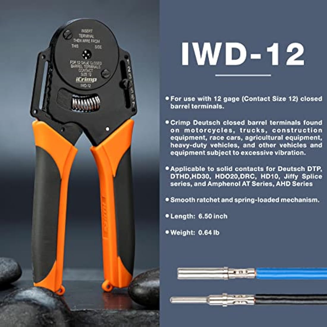 iCrimp Closed Barrel Crimper for Deutsch Solid Contacts Size 12 (AWG 12), 4-Way Indent, 8-Impression Crimping Tool, Compatible with Deutsch Connectors