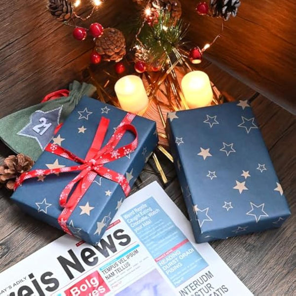 43cm*15m Blue Birthday Wrapping Paper Roll,Topeedy Gift Wrap Paper with Star for Birthday Father's Day Xmas Present-Star