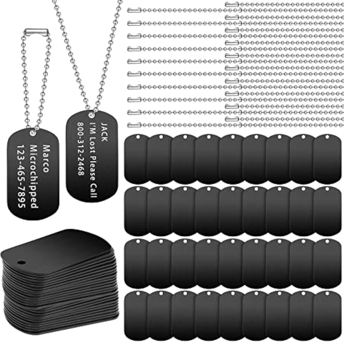 200 Pcs Military Dog Tags Set Including 100 Pcs Aluminum Blank Dog Tags 100 Pcs Ball Steel Chain Rectangle Blank Tag Blanks Metal Stamping Tags for DIY Decorative Craft Pet Dog ID Tags (Black)