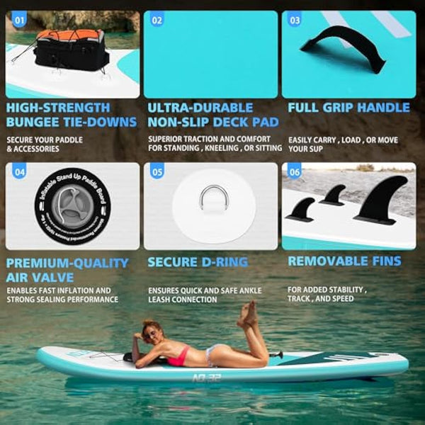 10ft / 3m Inflatable Stand Up Paddle Board | Inflatable SUP Board Beginner's Surfboard Kit w/Adjustable Paddle | Air Pump w/Pressure Guage | Repair Kit | Premium Leash & Carry Backpack